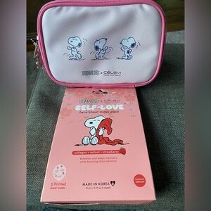 NEW Peanuts x Celavi Snoopy Pink Cosmetic Pouch & Self-Love Face Mask Bundle